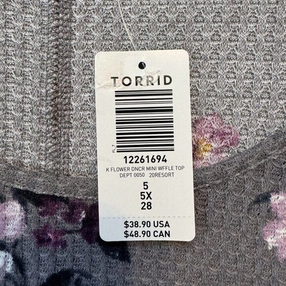 Torrid Floral Waffle Knit Top Sz 5 Gray Multicolor Long Sleeve Scoop Neck NEW - Picture 6 of 16